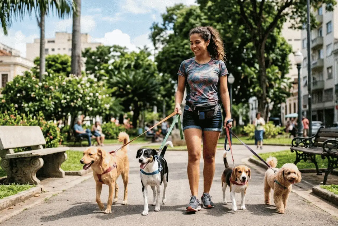 mulher passeando com cães para fazer uma Renda extra com Pets