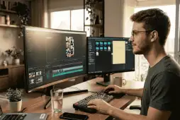 um jovem no computador fazendo renda extra com edição de vídeos curtos para empresas