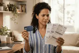 mulher segurando um cartão e boletos para ilustrar se vale a pena pagar contas de consumo no cartão de crédito
