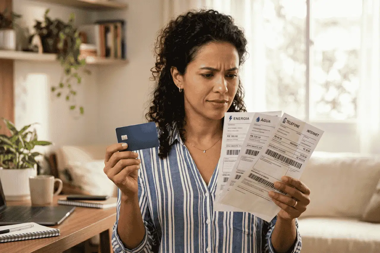 mulher segurando um cartão e boletos para ilustrar se vale a pena pagar contas de consumo no cartão de crédito